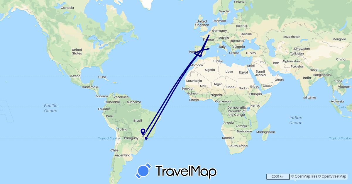 TravelMap itinerary: driving in Brazil, Spain, France, Portugal (Europe, South America)