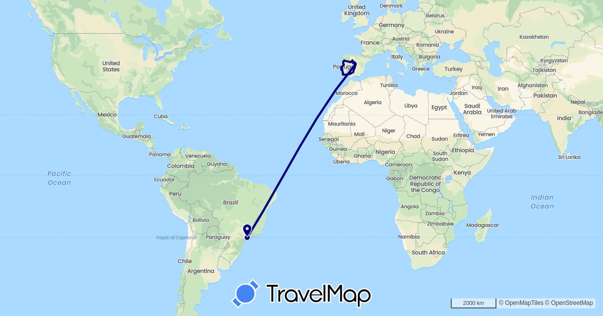 TravelMap itinerary: driving in Brazil, Spain, Portugal (Europe, South America)